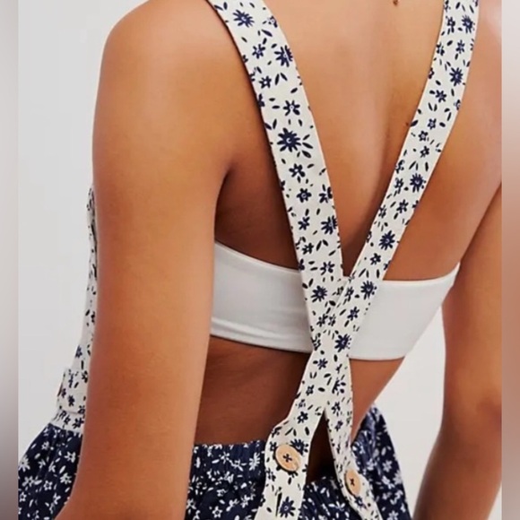 FREE PEOPLE FP Palm Bay Printed Relaxed Romper Shortalls Boho Floral Blue NEW XS - Picture 4 of 7